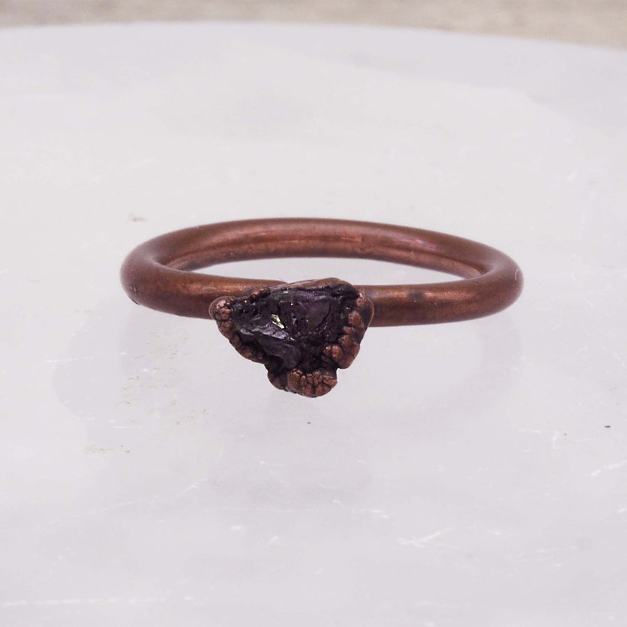 raw peridot and copper ring - women's ring made from recycled copper and natural raw peridot - bohemian jewellery by indie and harper