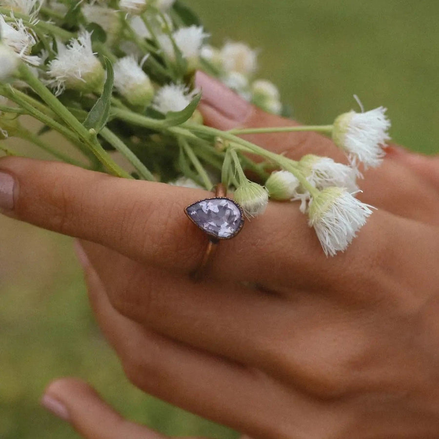 recycled copper and amethyst ring being worn - amethyst jewellery by boho jewellery online store indie and Harper 