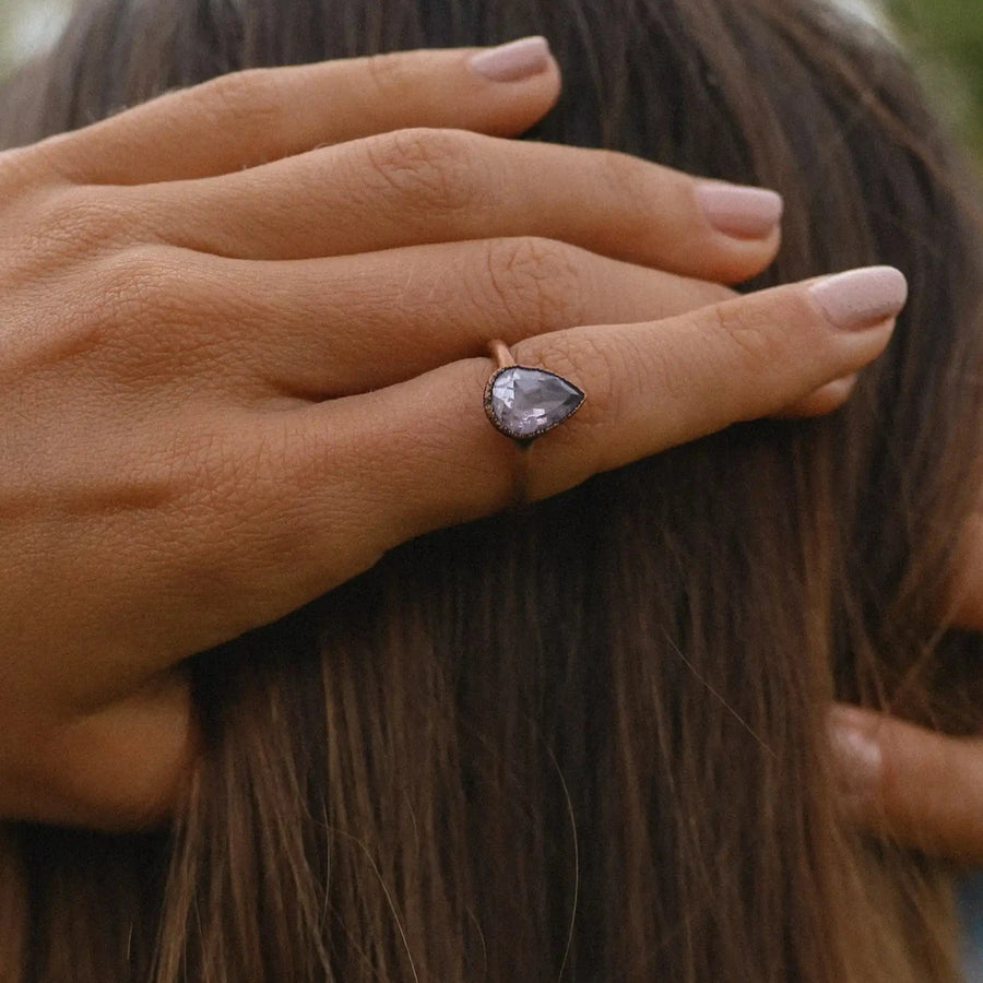 recycled copper and amethyst ring being worn - amethyst jewellery by australian jewellery brand indie and Harper 