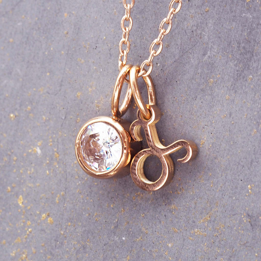 rose gold april taurus necklace - women's zodiac necklace made with stainless steel, rose gold plating and cubic zirconia - sale jewellery online by indie and harper