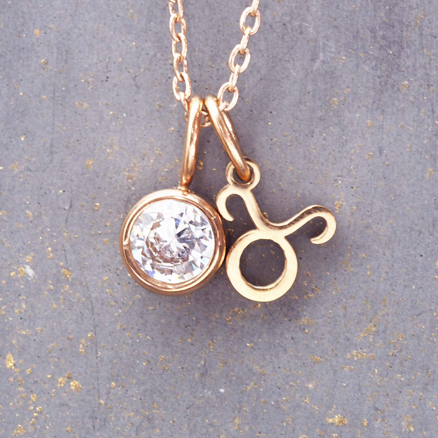 rose gold april taurus necklace - women's waterproof jewellery made with stainless steel, rose gold plating and cubic zirconia - zodiac jewellery online by indie and harper