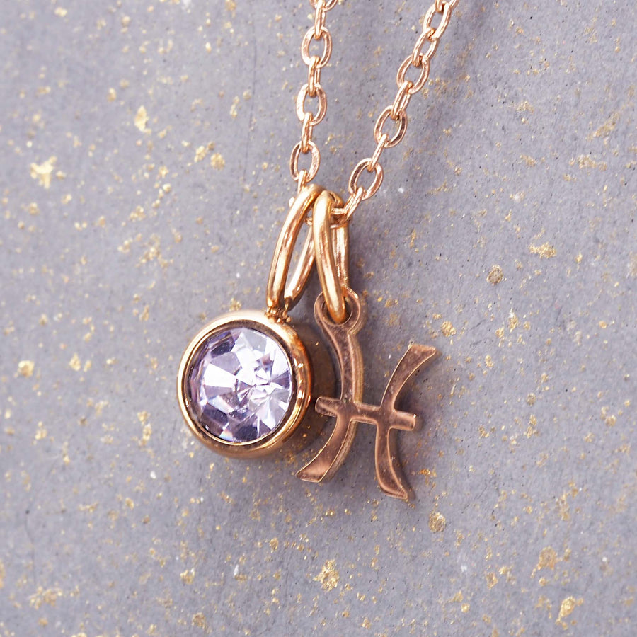 rose gold february pisces necklace - zodiac necklace made with rose gold plating over stainless steel and a purple cubic zirconia - women's waterproof jewellery online by indie and harper
