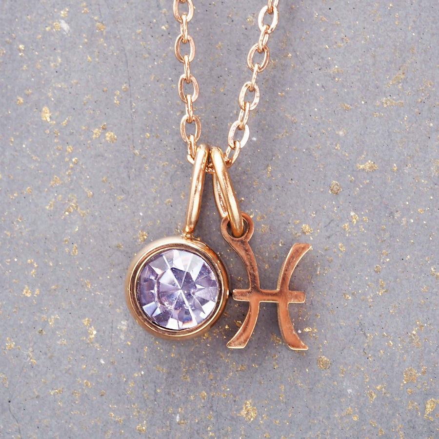rose gold february pisces necklace - womens zodiac jewellery made with rose gold plating over stainless steel and a purple cubuc zirconia - zodiac jewellery by online jewellery brand indie and harper