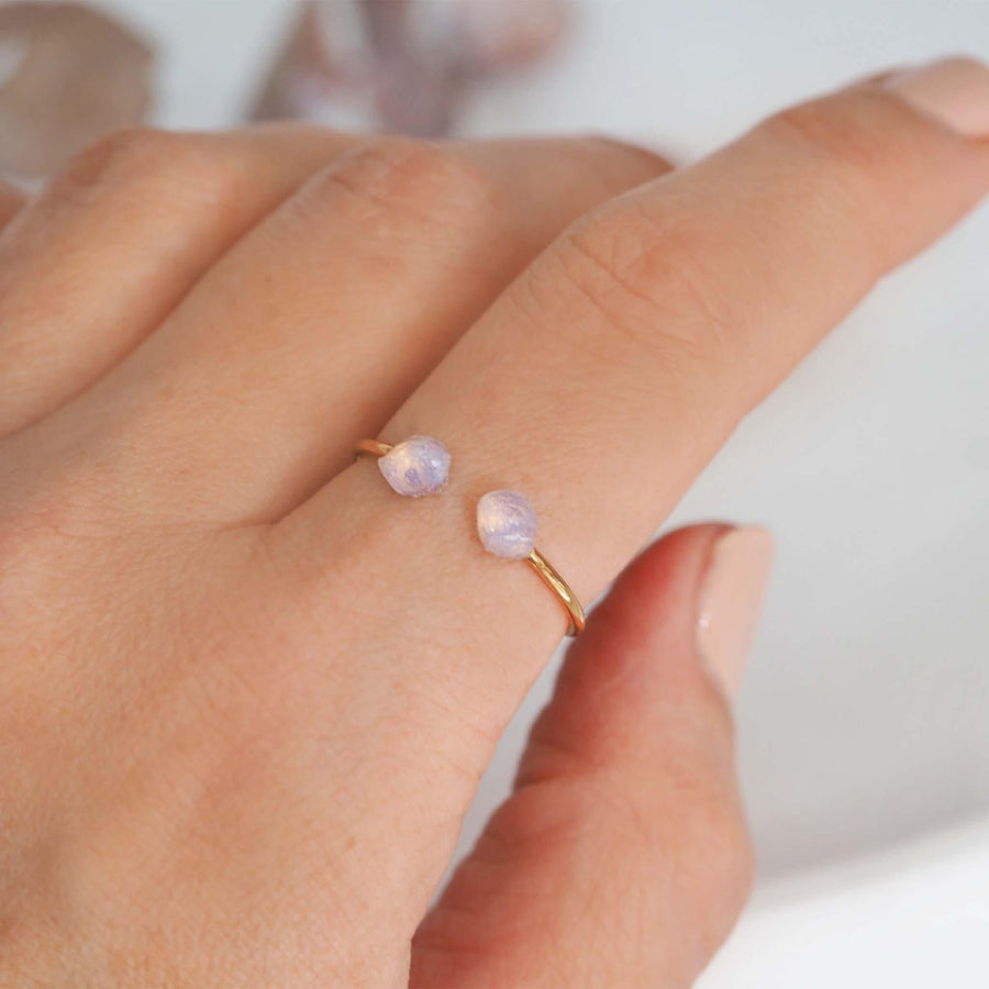 Finger wearing Rose Gold Raw Opal Ring - womens raw opal jewellery by online jewellery brand indie and harper