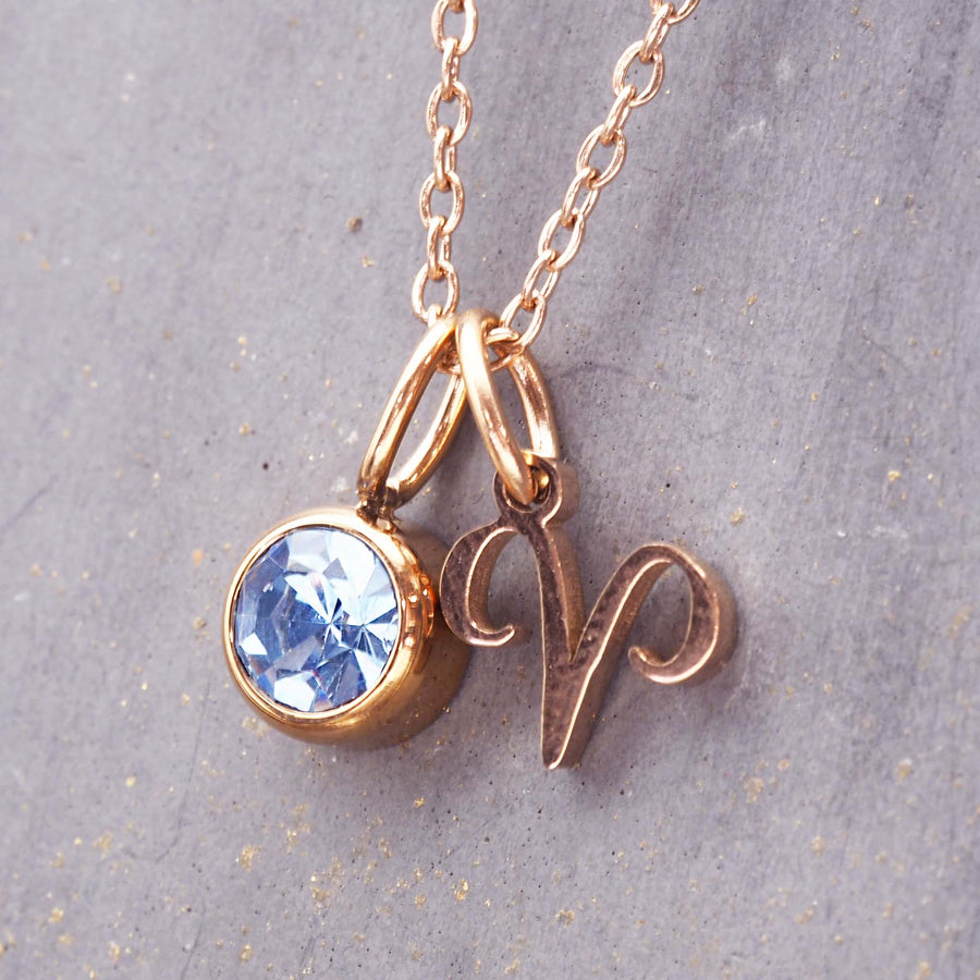 rose gold march aries necklace - women's zodiac jewellery made from stainless steel with rose gold plating and blue cubic zirconia - zodiac jewellery online by indie and harper