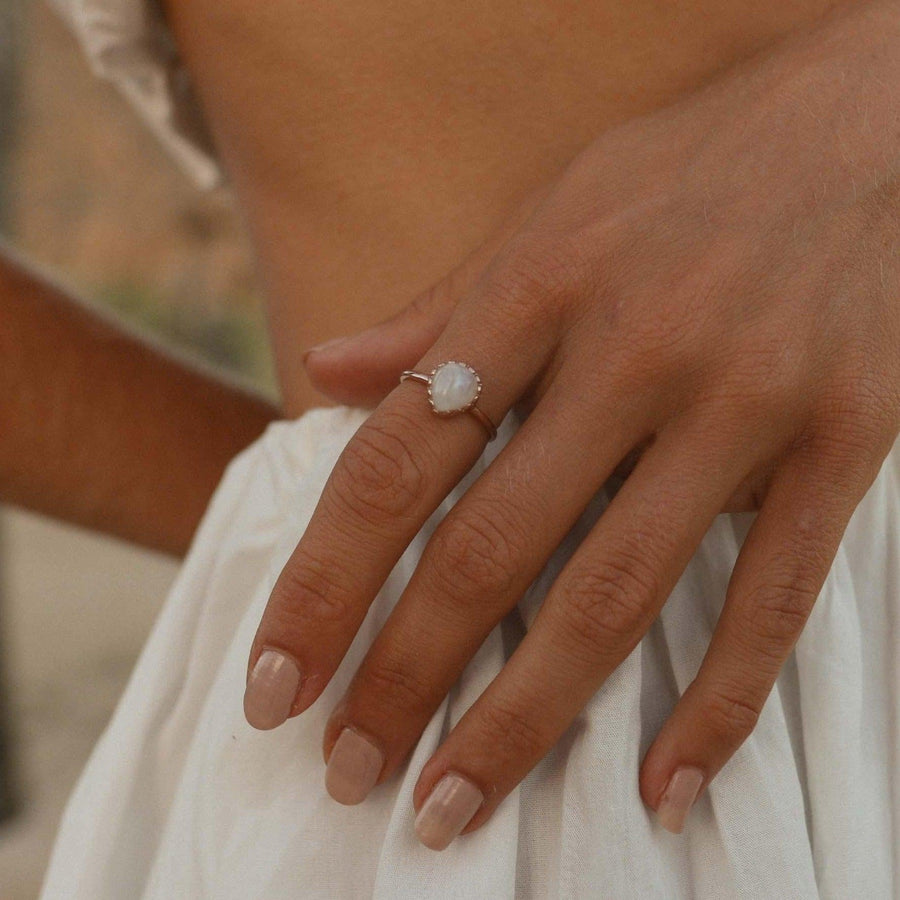 woman wearing Rose Gold moonstone Ring - rose gold jewellery by australian jewellery brands online indie and harper