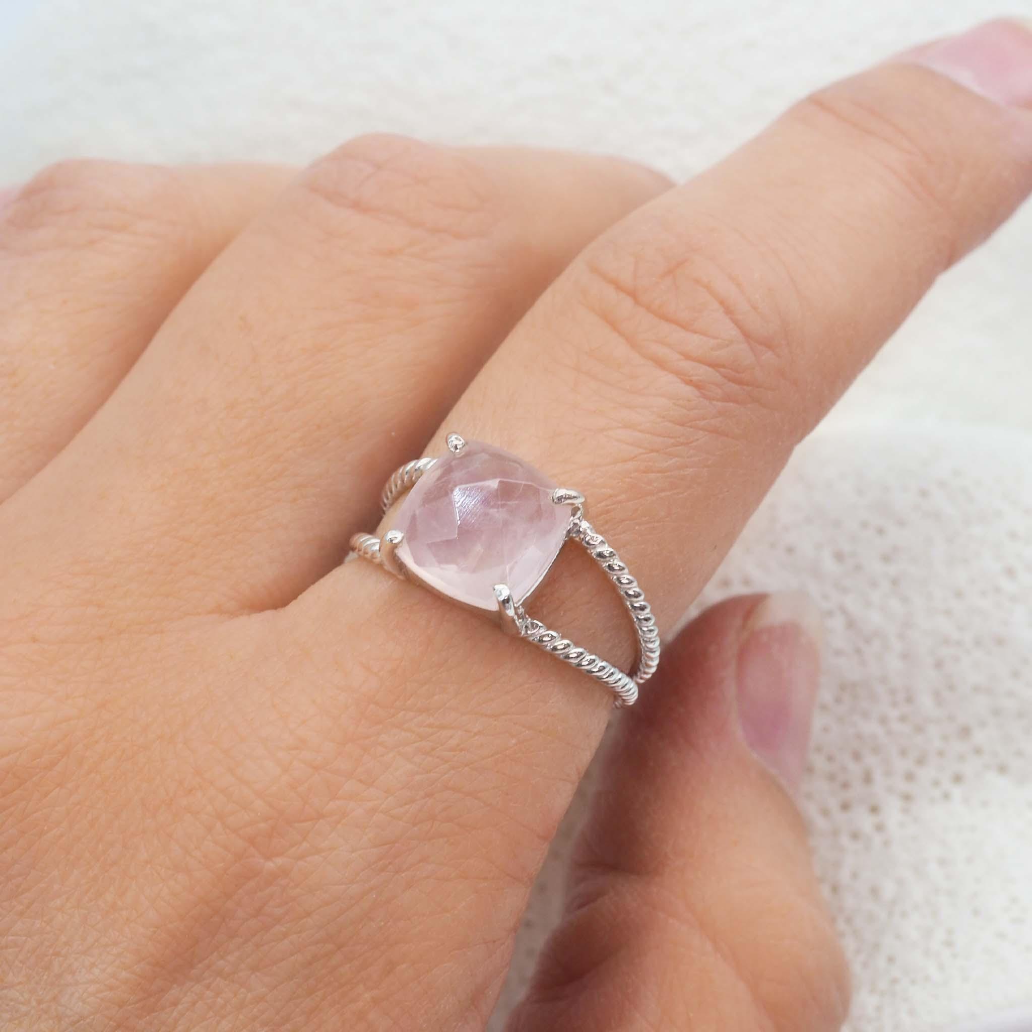 Finger wearing Rose Quartz Ring - womens rose quartz jewellery by australian jewellery brands indie and harper