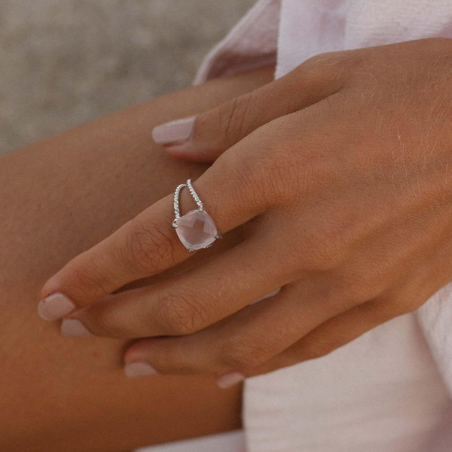 Womans hand wearing a Rose Quartz Ring - womens rose quartz jewellery by australian jewellery brands indie and harper