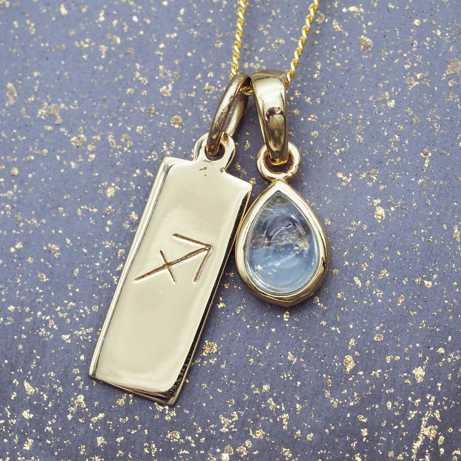 Sagittarius Star Sign and November Birthstone gold blue topaz necklace by Australian jewellery brand indie and Harper 