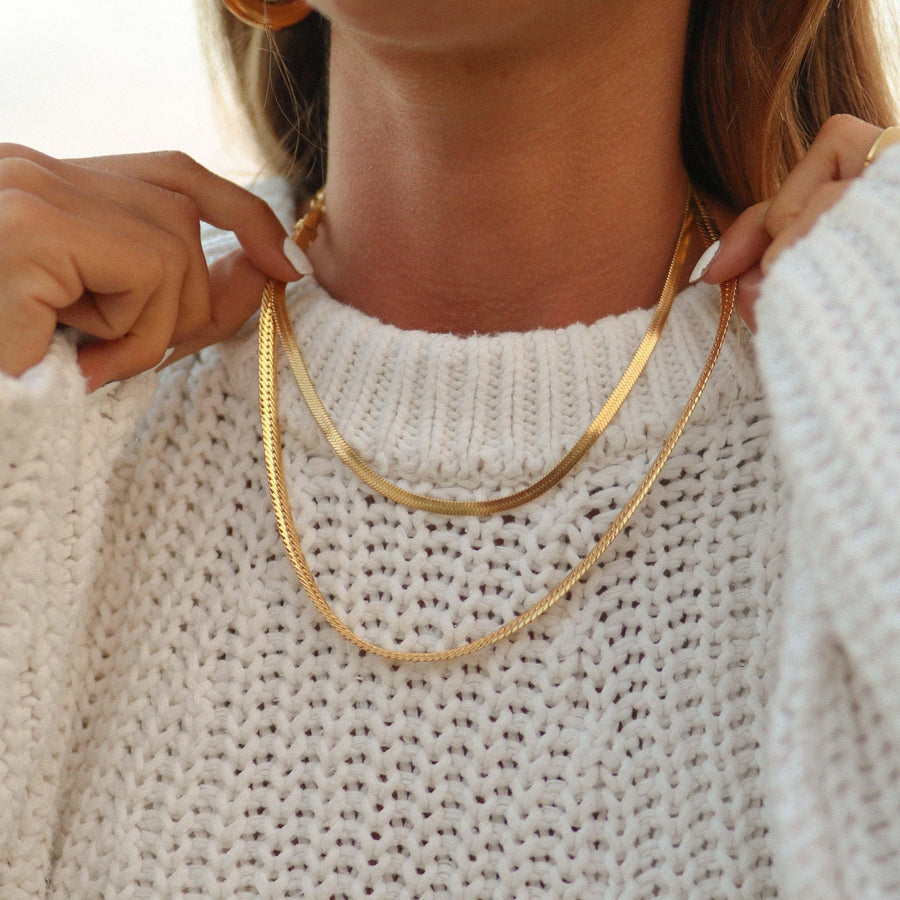 Woman wearing gold Necklaces - gold jewellery by Australian waterproof jewellery brands indie and harper