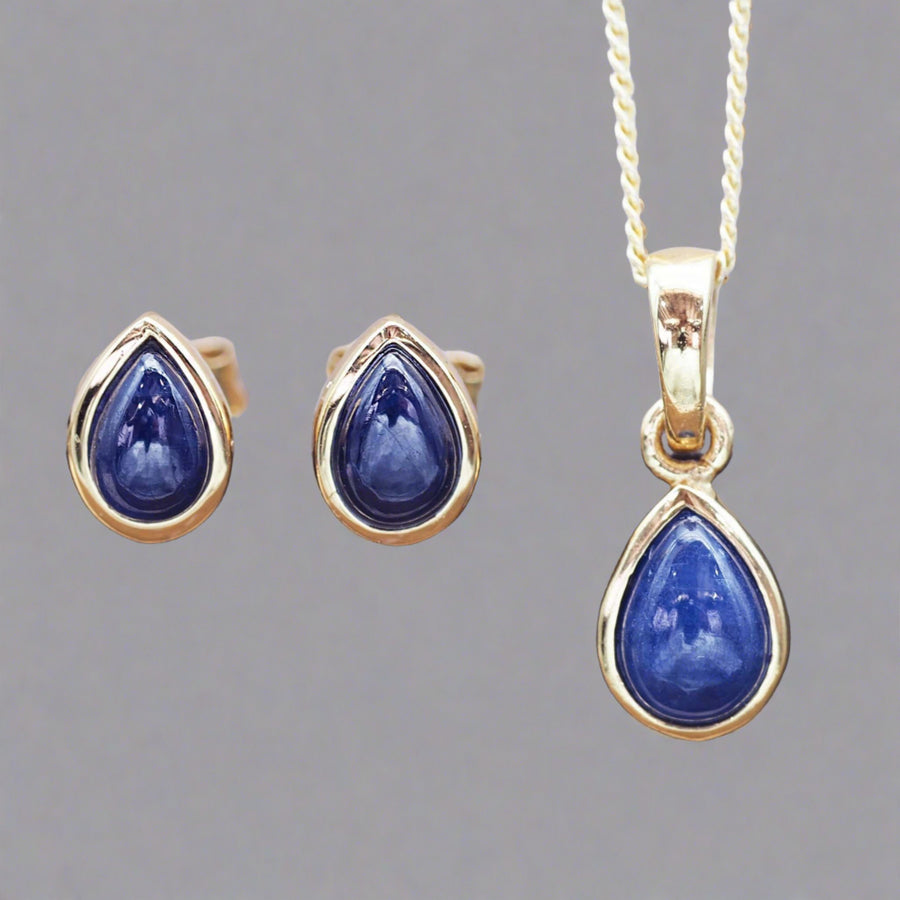 September Birthstone sapphire earrings and sapphire necklace - gold jewellery by australian jewellery brand indie and harper