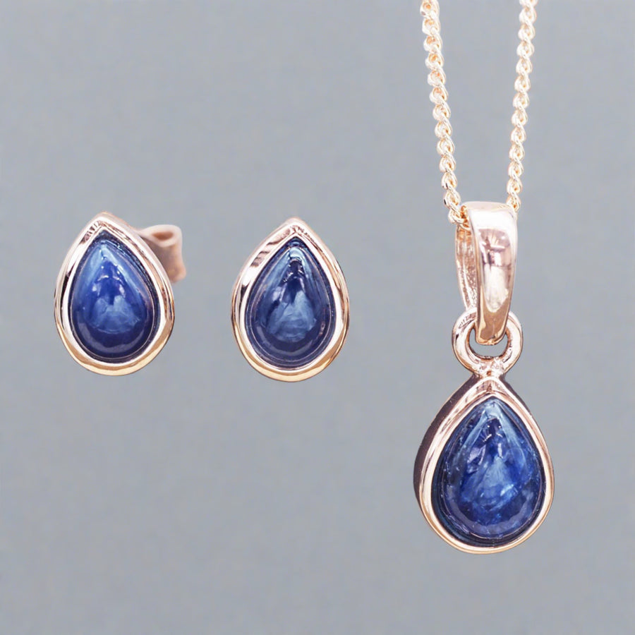 September Birthstone sapphire earrings and sapphire necklace - rose gold jewellery by australian jewellery brand indie and harper