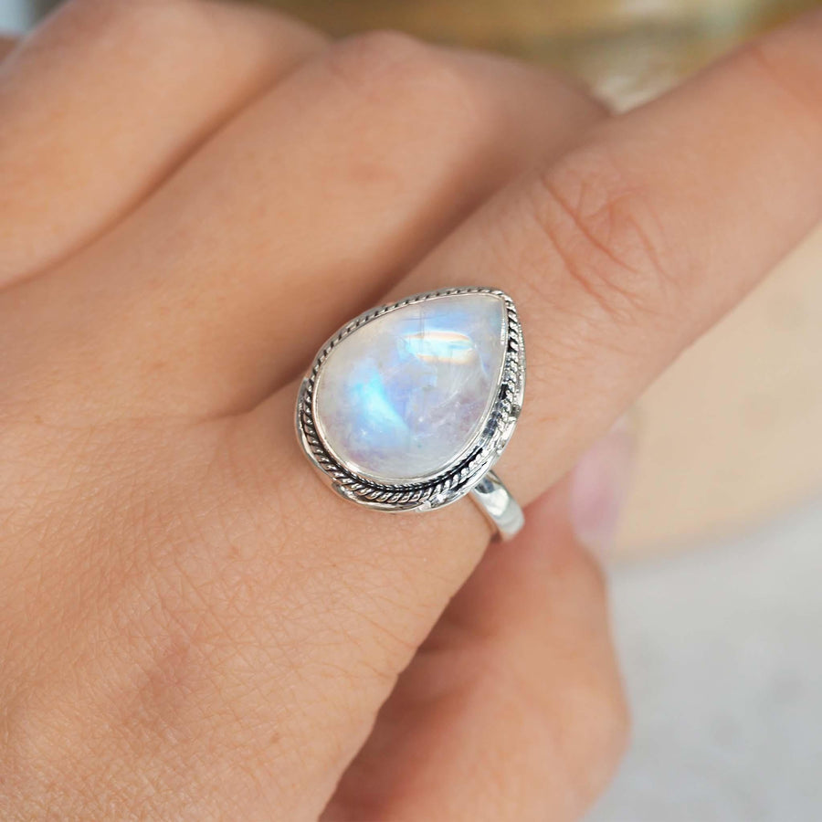 sterling silver Moonstone Ring being worn - womens jewellery by australian jewellery brands online indie and harper