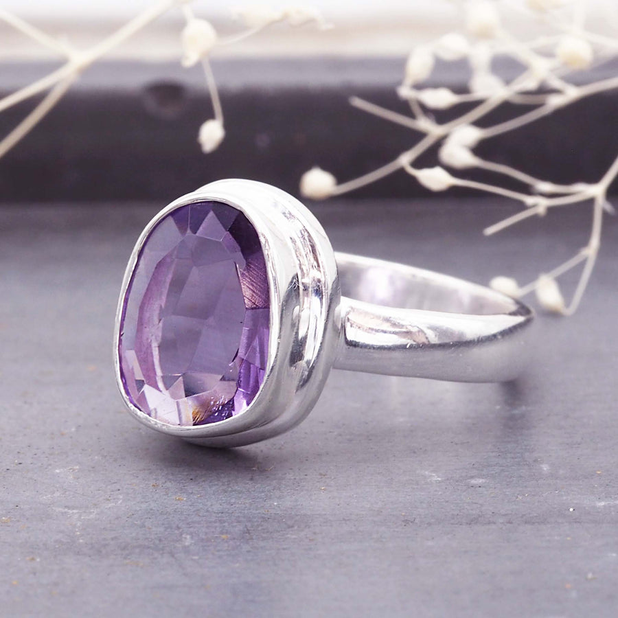 silver amethyst ring - large natural amethyst ring with sterling silverr - boho rings online by indie and harper