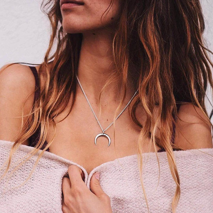 Sterling silver half moon necklace being worn - womens jewellery by Australian jewellery brand indie and Harper 