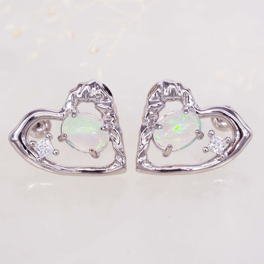 silver heart opal earrings - women's opal jewellery by australian jewellery brands indie and harper