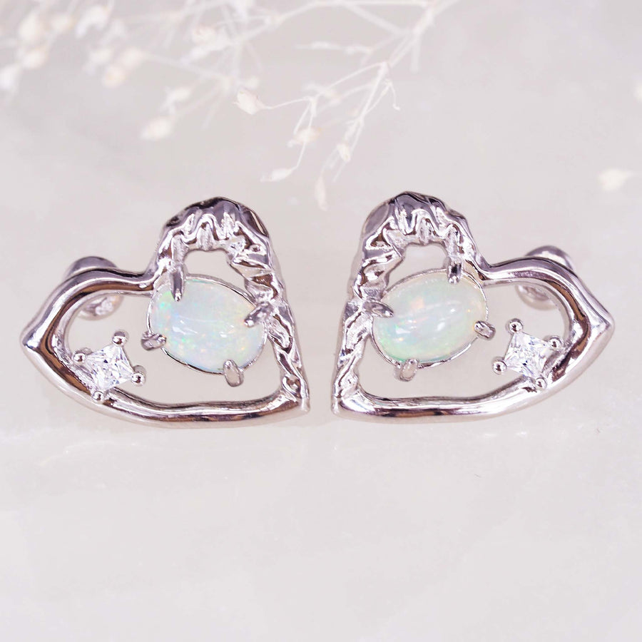 silver heart opal earrings - women's opal jewellery by australian jewellery brands indie and harper