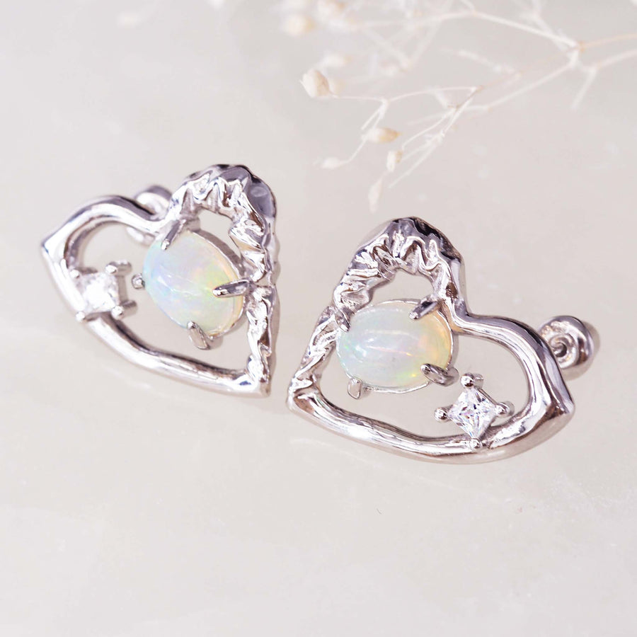 silver heart opal earrings - women's opal jewellery by australian jewellery brands indie and harper