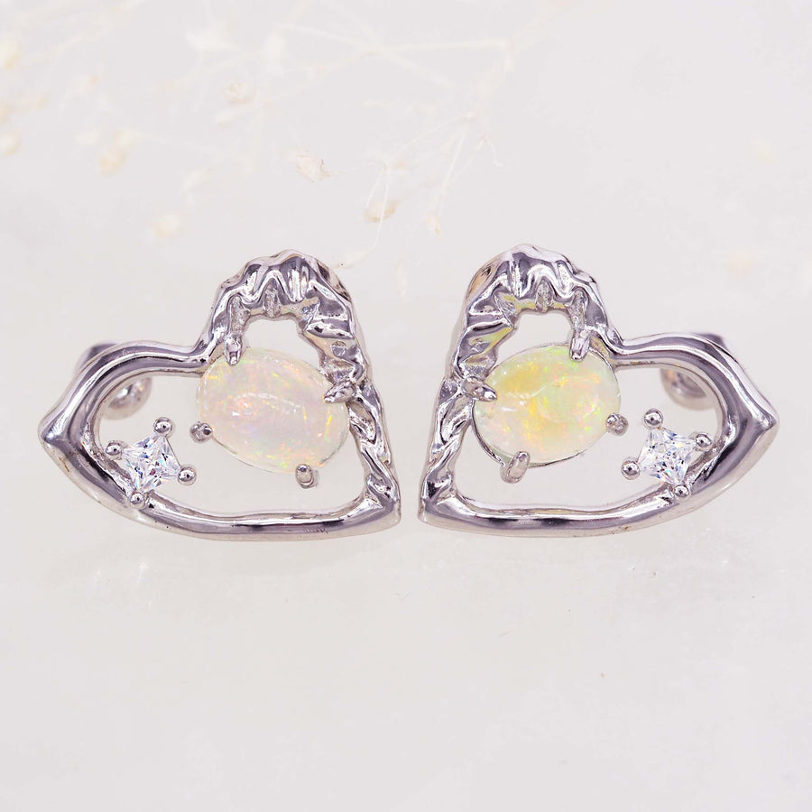 silver heart opal earrings - women's opal jewellery by australian jewellery brands indie and harper