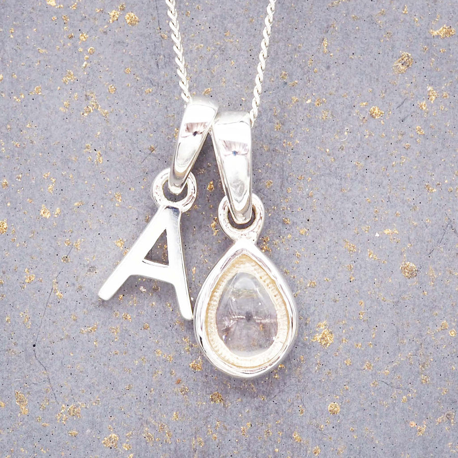 Silver Initial and April Herkimer Birthstone Necklace