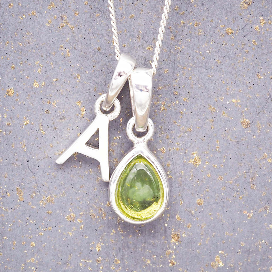 Silver Initial and August Peridot Birthstone Necklace