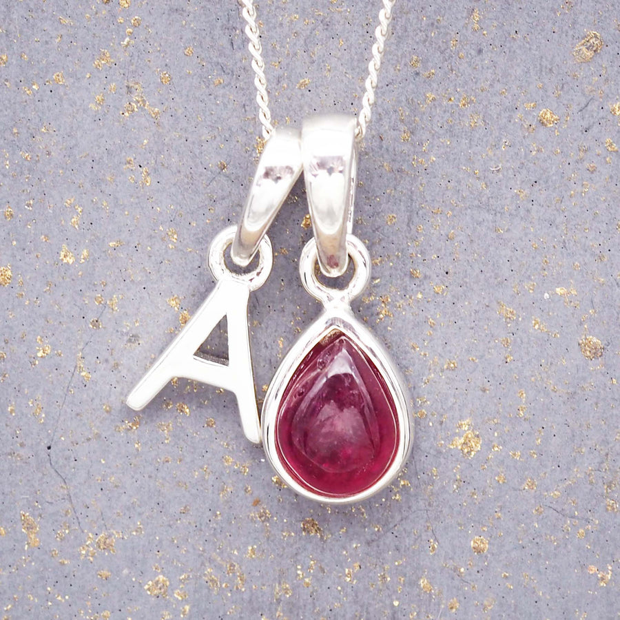 Silver Initial and July Ruby Birthstone Necklace