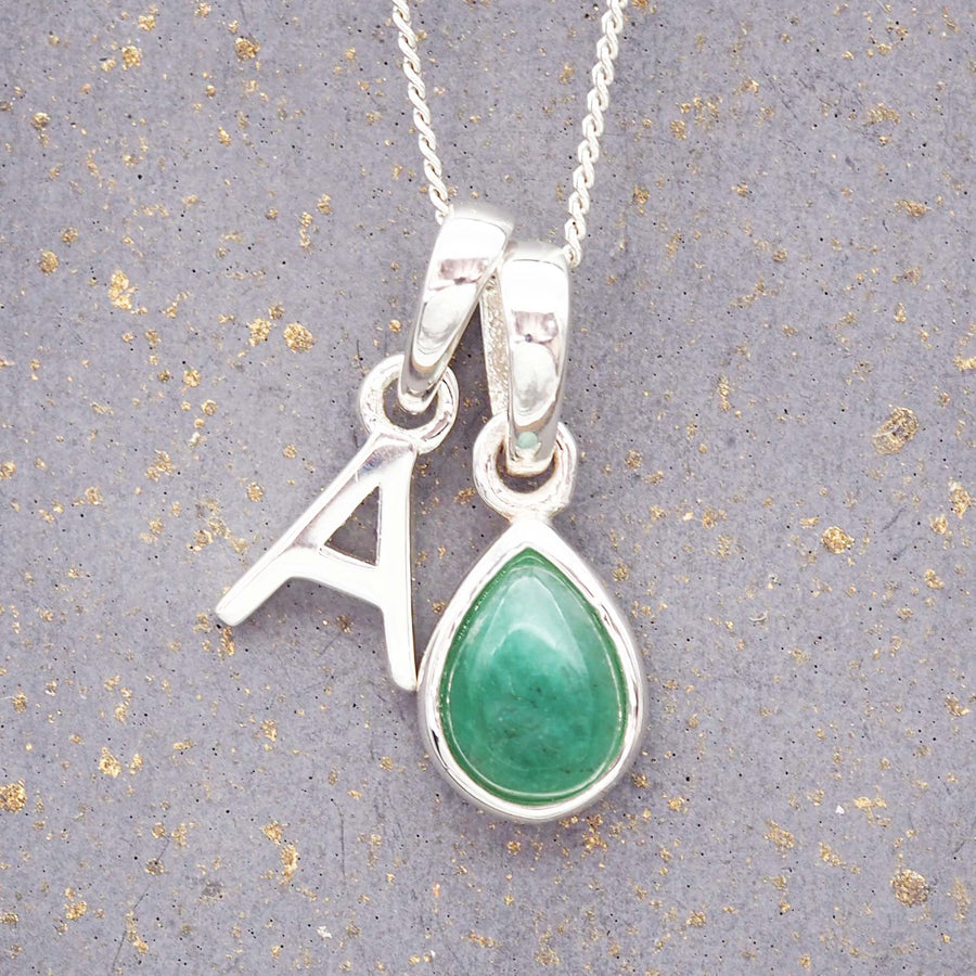 Silver Initial and May Emerald Birthstone Necklace