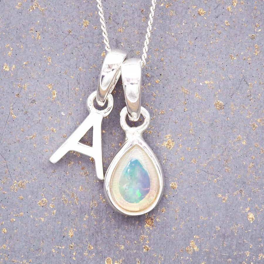 Silver Initial and October Opal Birthstone Necklace