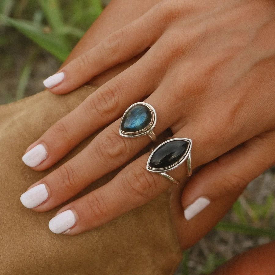 woman wearing Labradorite ring and Black Onyx Ring - boho jewellery by Australian jewellery brands indie and harper