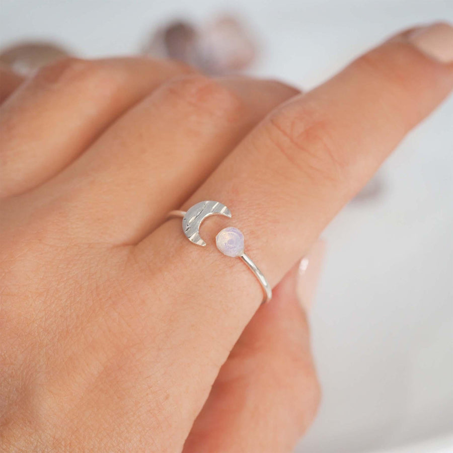 Silver Little Moon and Raw Opal Ring - raw opal jewellery by women’s jewellery brand indie and harper