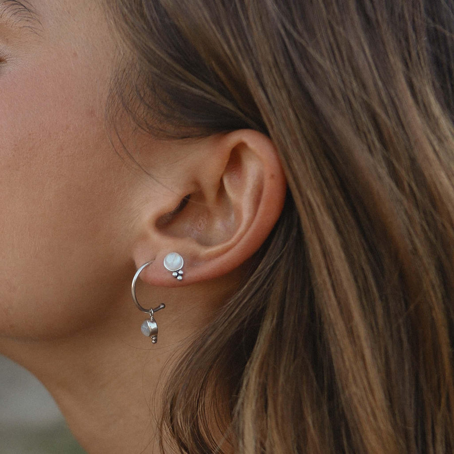 Woman wearing silver Moonstone Earrings - womens sterling silver moonstone jewellery by australian jewellery brands indie and harper