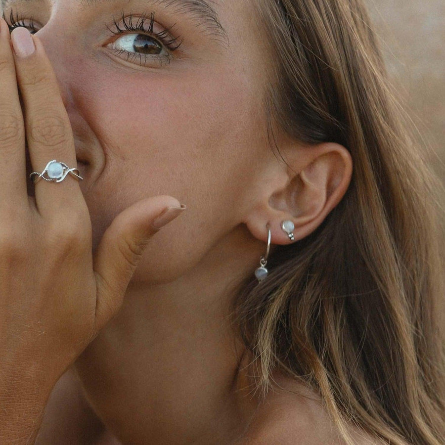 Woman with brown eyes wearing Moonstone Earrings and Moonstone Ring - moonstone jewellery by australian jewellery brands indie and harper