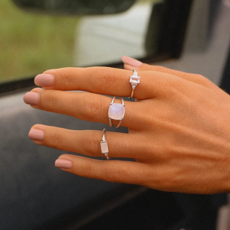 Woman wearing Sterling silver moonstone rings - women’s boho jewellery by Australian jewellery brands online indie and harper