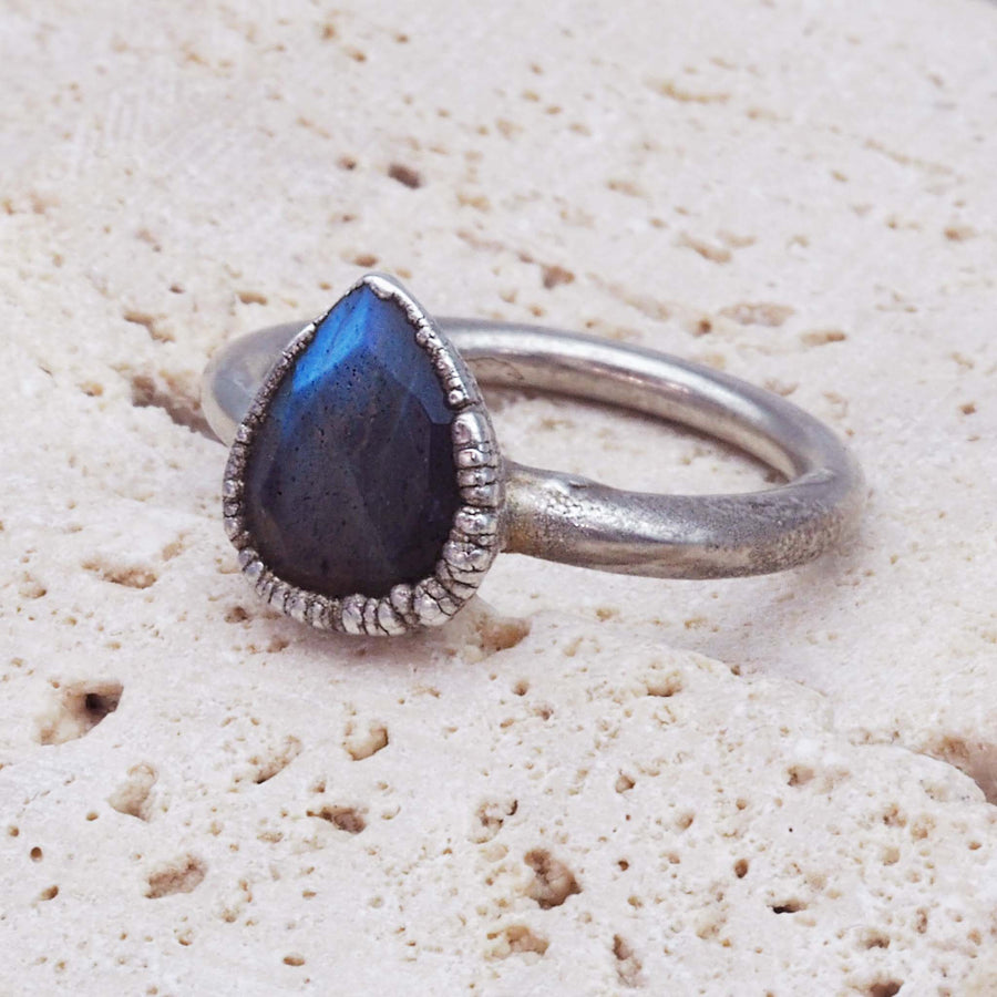 silver tear drop labradorite ring - silver plating over recycled copper and a natural labradorite gemstone - women's jewellery online by indie and harper