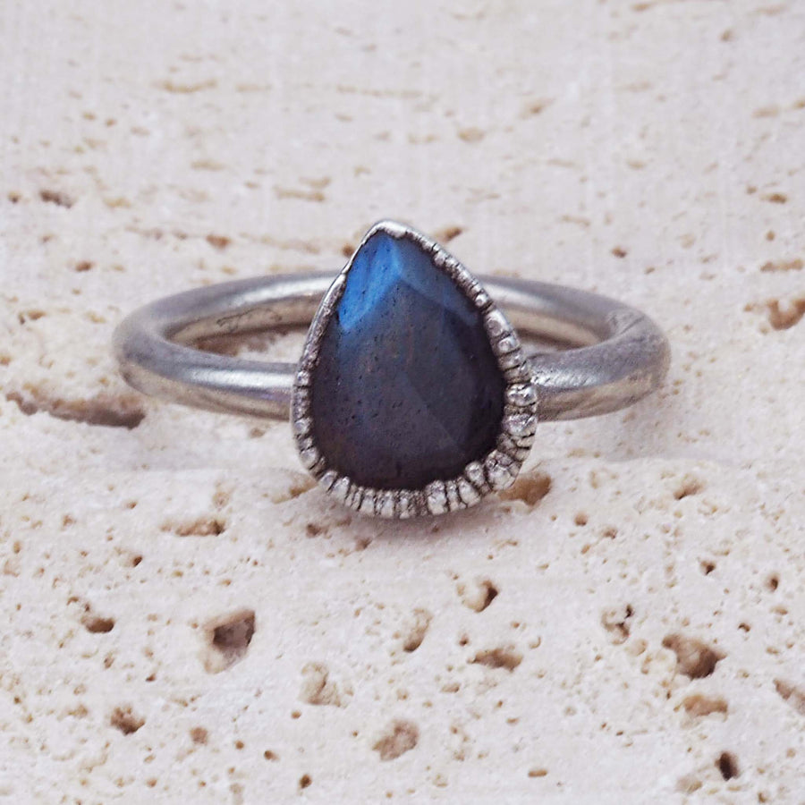 silver tear drop labradorite ring - recycled copper ring with silver plating and natural labradorite gemstone - women's bohemian jewellery online by indie and harper