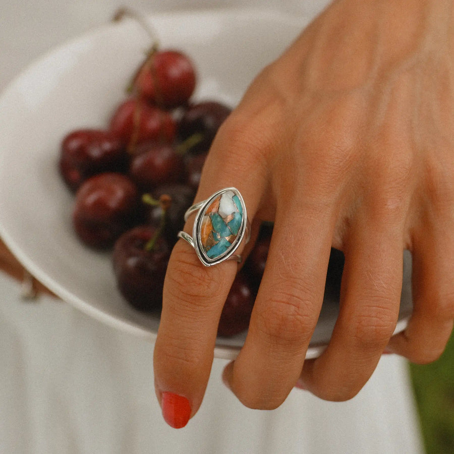 sterling silver spiny oyster turquoise ring being worn - boho jewellery - Australian jewellery brand