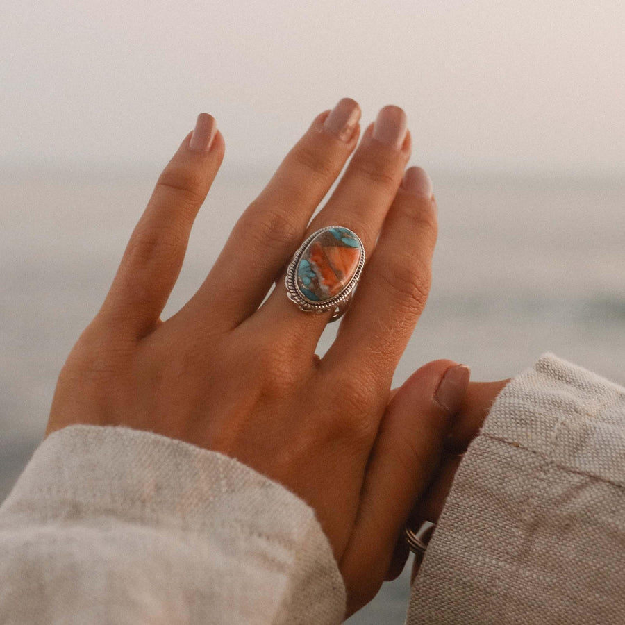 woman wearing Spiny Oyster Turquoise Ring - womens jewellery by Australian jewellery brands online indie and Harper 