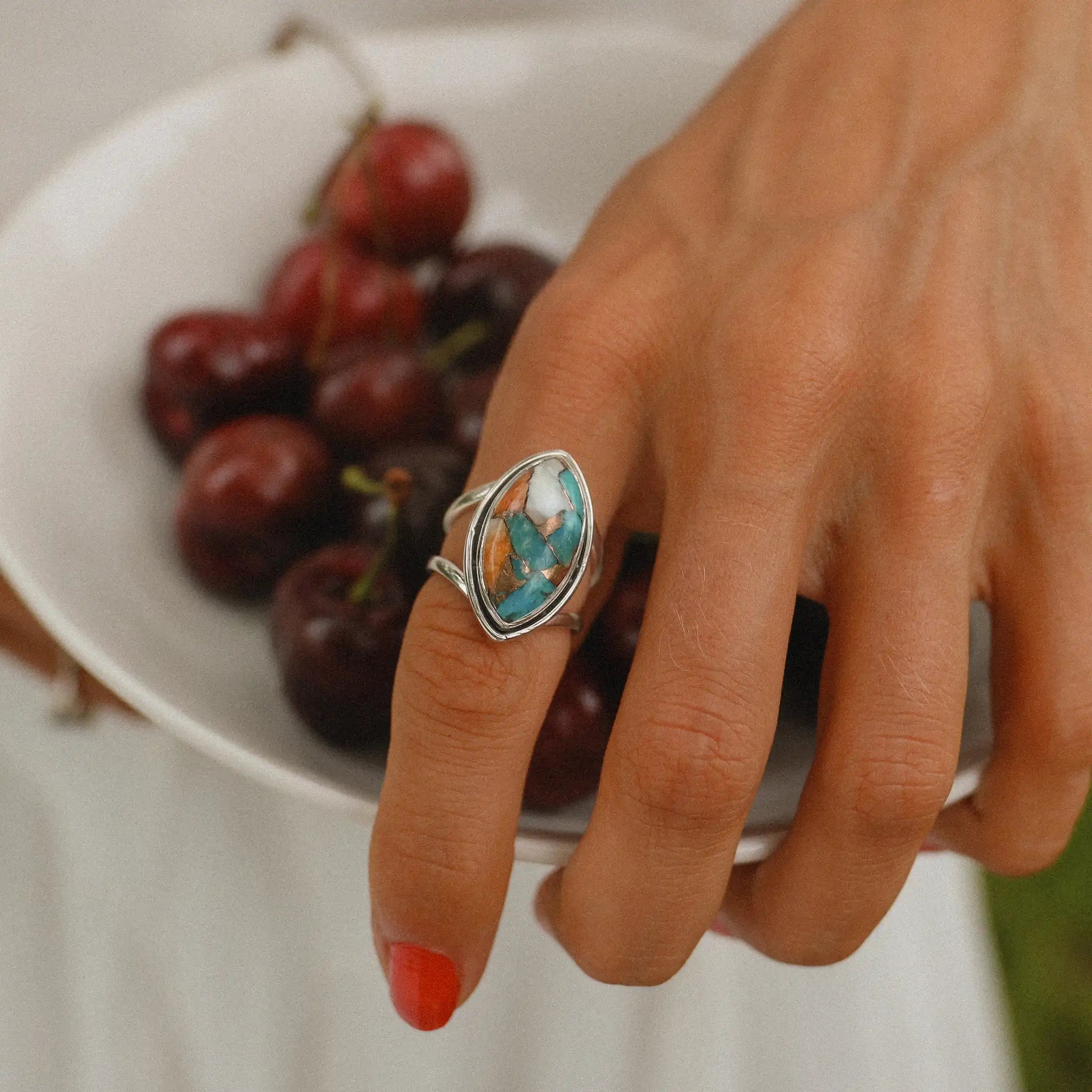 sterling silver spiny oyster turquoise ring being worn - boho jewellery by Australian jewellery brands online indie and harper