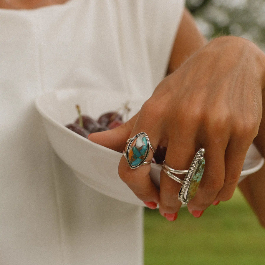 sterling silver spiny oyster turquoise rings being worn - boho jewellery by Australian jewellery brands online indie and harper