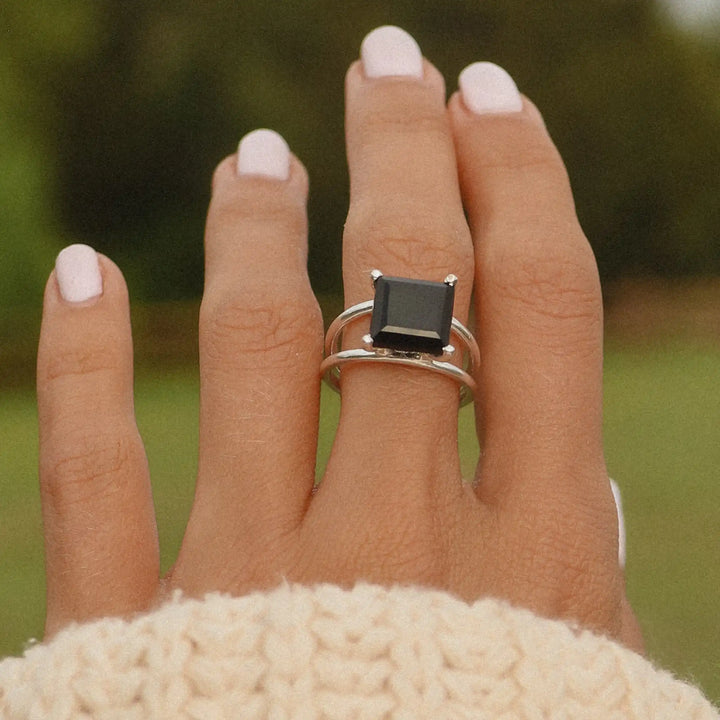 woman wearing sterling silver black onyx ring - women’s boho jewellery by Australian jewellery brands online indie and harper