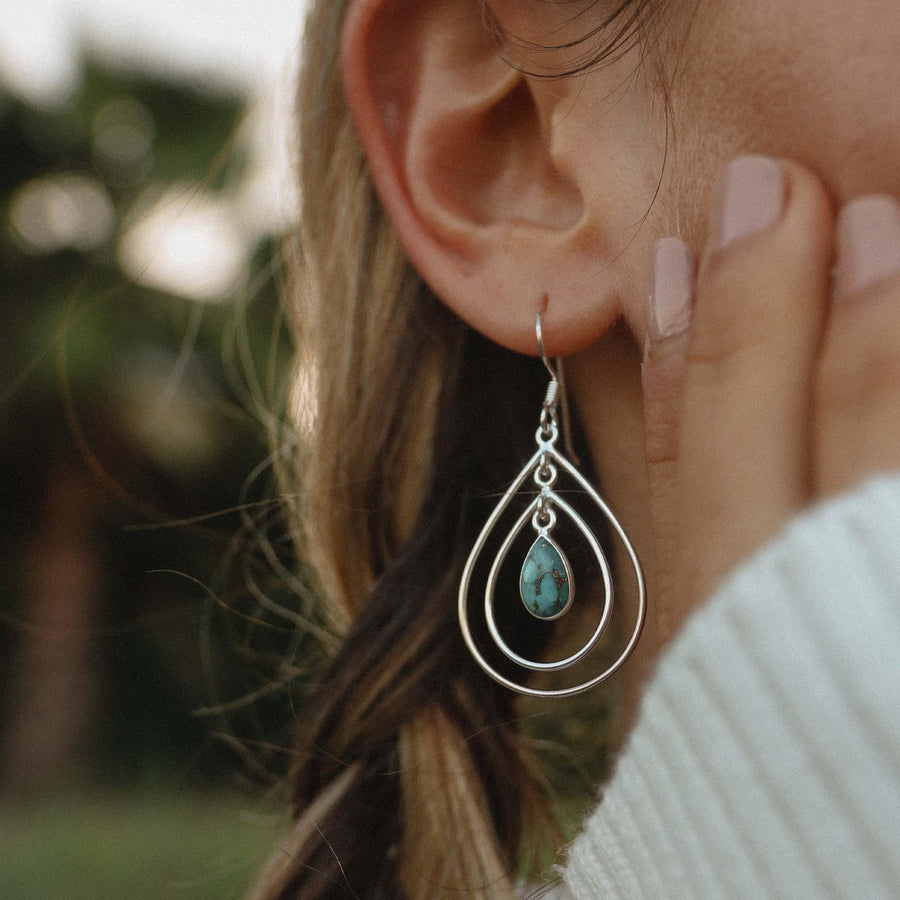 Woman wearing Copper Turquoise Earrings - womens turquoise jewellery by Australian jewellery brands online indie and harper