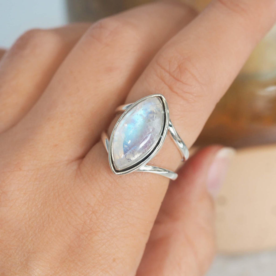 sterling silver double band moonstone ring being worn - womens moonstone jewellery by australian jewellery brands indie and harper