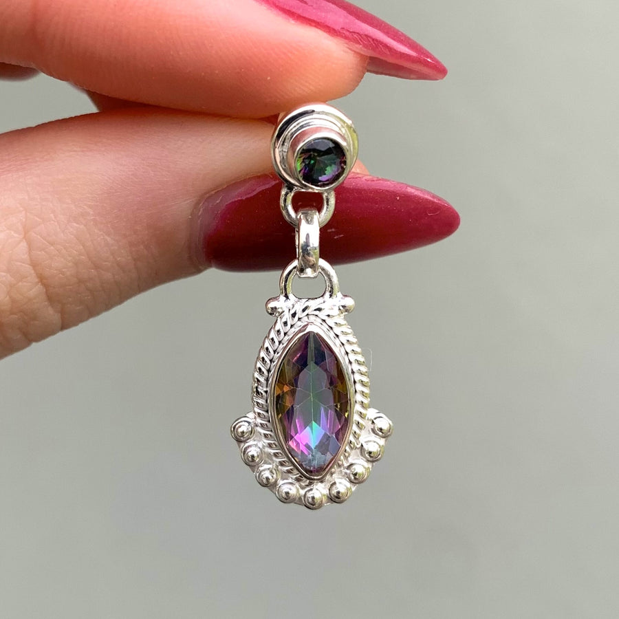 fingers holding sterling silver mystic quartz earrings - womens boho jewellery australia