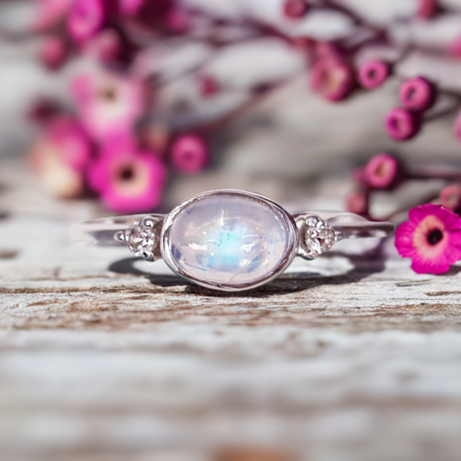 sterling silver white topaz and moonstone ring - promise rings and moonstone jewellery by womens jewellery brand indie and harper