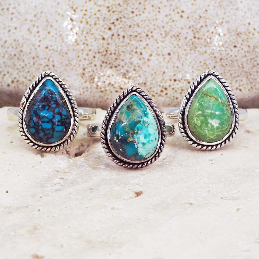 Sterling silver Turquoise Rings in dark blue, light blue and green colours - turquoise jewellery by australian jewellery brands online indie and harper