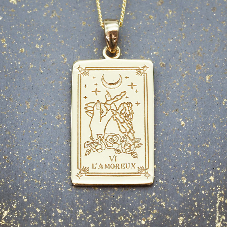 the lover tarot necklace - 9k gold plating over sterling silver with the lovers tarot card design by indie and harper