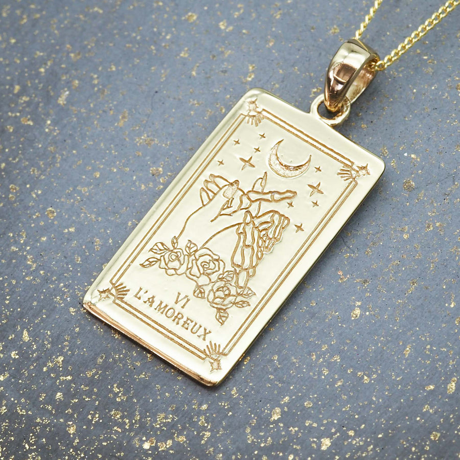 9k gold plating tarot card pendant made with sterling silver - tarot card jewellery for women by online jewellery band indie and harper