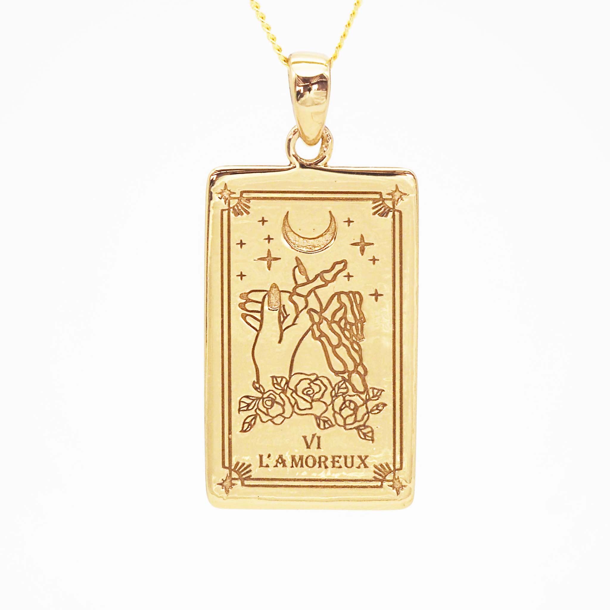 9k gold plated sterling silver necklacewith the lover tarot card design - women's tarot card jewellery online by indie and harper