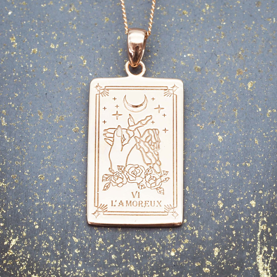 the lover tarot necklace - hand drawn tarot card design on a rose gold plated sterling silver pendant - women's jewellery online by indie and harper