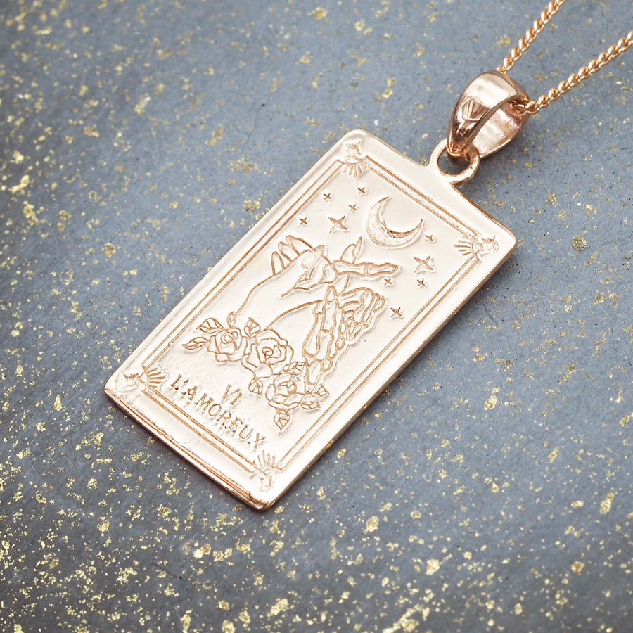 sterling silver necklace with rose gold plating and the lovers tarot card design - tarot card jewellery online by indie and harper